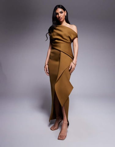 ASOS DESIGN fallen shoulder manipulated fold midi dress in bronze in scuba-style fabric