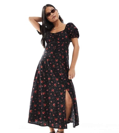 Miss Selfridge Petite spun tea midaxi dress in black rose print