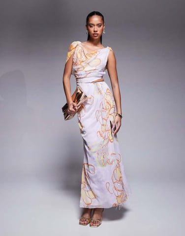 ASOS DESIGN drape midi dress with embellishment in blue floral print
