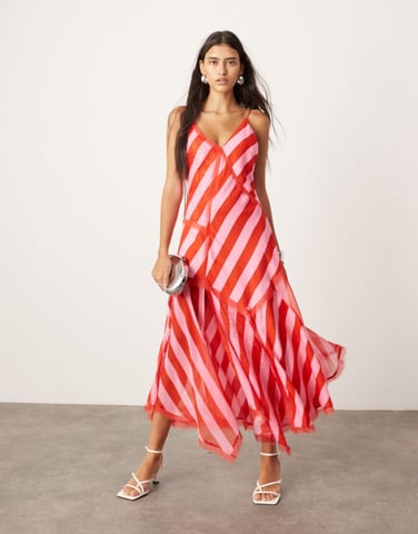 ARRANGE contrast fabric cami midi dress with hanky hem in colour block stripe