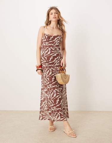 ASOS DESIGN mesh cami klänning med scooped rygg i brun zebra