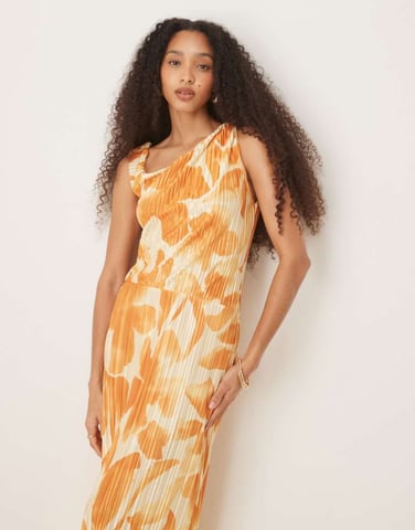 ASOS DESIGN plisse fallen shoulder midi dress in orange flower print