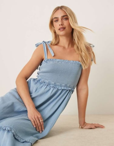 YAS tie shoulder chambray denim midi dress with shirred bust in blue