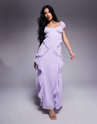 ASOS DESIGN gathered sleeve midi dress with ruffles in lilac