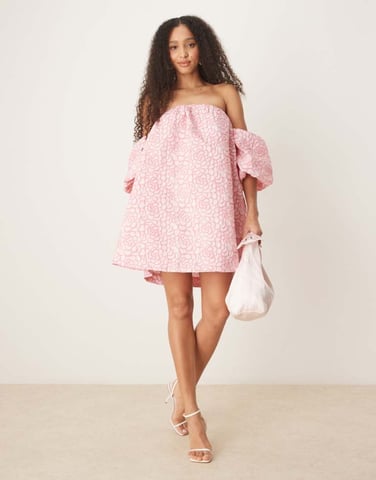 YAS textured rose jaquard off shoulder mini dress in pink