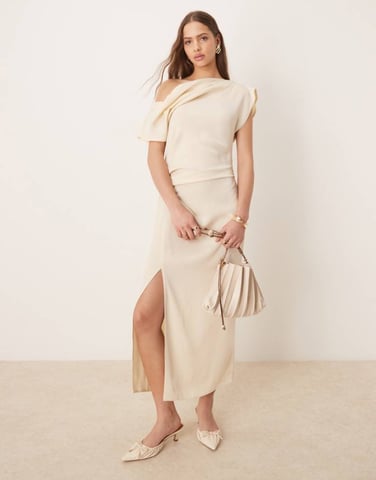 ASOS DESIGN fallen shoulder strap detail drape midi dress in buttermilk