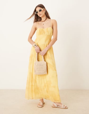 ASOS DESIGN cami tie strap midi tea dress in yellow floral print