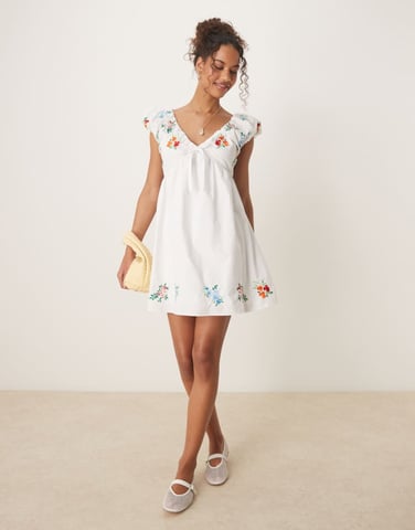 Glamorous smock mini dress with floral embroidery in white