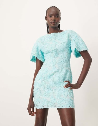 ARRANGE embroidered floral dome t-shirt sleeve mini dress in blue