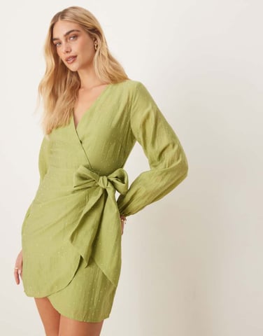Never Fully Dressed hotfix wrap mini dress in olive