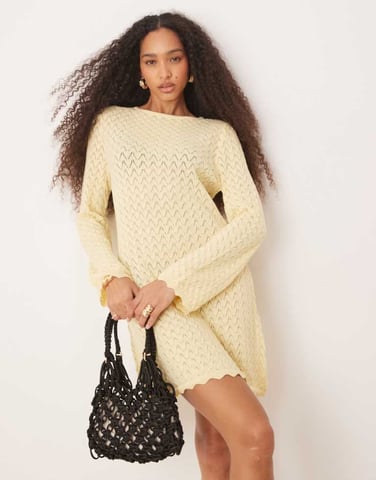 ASOS DESIGN knitted mini dress with flared sleeve in buttermilk yellow