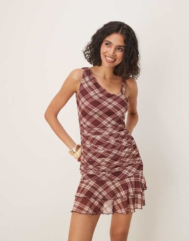 ASOS DESIGN one shoulder asymmetric twist strap mini dress in burgundy check