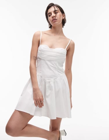 SNDYS strappy poplin drape mesh bust sweetheart neck mini dress in white