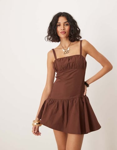 ASOS DESIGN shirred bodice cami mini dress in chocolate