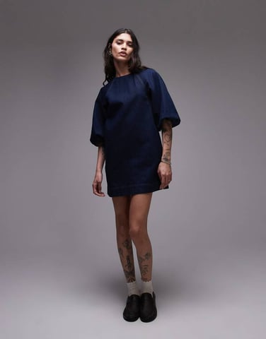 Topshop denim mini shift dress with balloon sleeves in raw look indigo