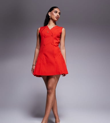 Kaiia exclusive tailored sleeveless button front hip pleat detail mini dress in red