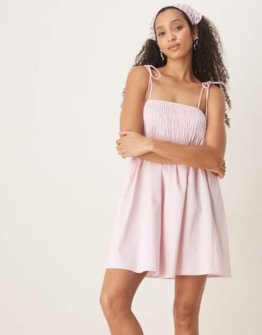 ASOS DESIGN shirred bust cotton poplin mini dress in icy pink