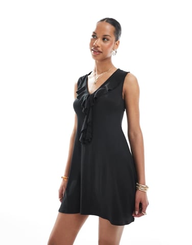 Miss Selfridge ruffle down tie front summer mini dress in black