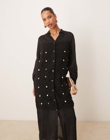 Never Fully Dressed crochet longline shirt dress in black