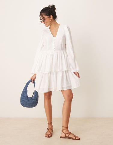 YAS puff sleeve button front boho mini dress in white