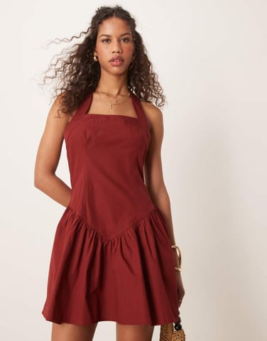 ASOS DESIGN halter mini dress with ruffle hem in burgundy