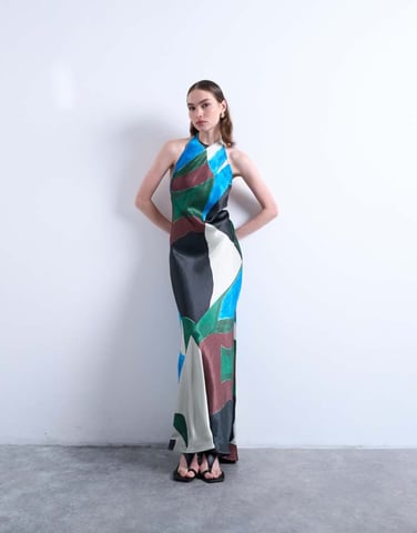 Topshop satin halterneck dress in abstract shape print