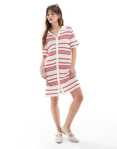 Miss Selfridge crochet contrast polo button through knit dress in red stripe