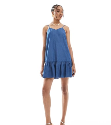 ONLY Tall dropped waist chambray mini dress in mid blue