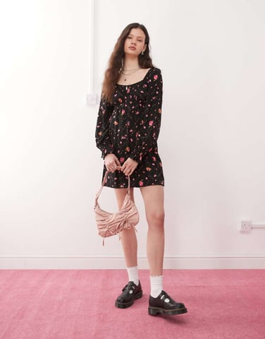 Miss Selfridge long sleeve mini tea dress in ditsy floral print