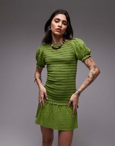 Topshop shirred mini dress with contrast stitch in green
