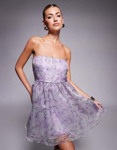 Lace & Beads organza babydoll micro mini dress in lavender lilac