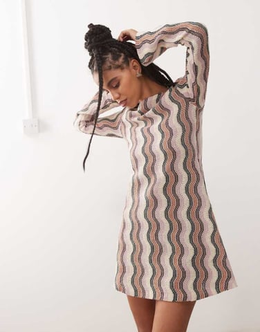 Reclaimed Vintage stripe crochet flare sleeve festival mini dress in multi stripe
