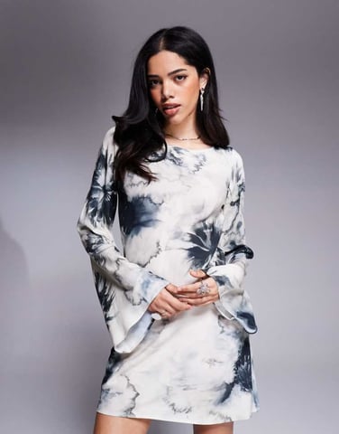 ASOS DESIGN slash neck biased mini in blow up floral print