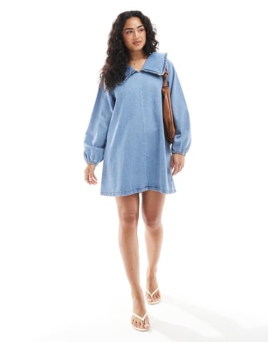 ASOS DESIGN denim mini dress with oversized ruffle collar in mid blue