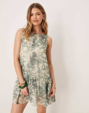 ASOS DESIGN drop waist chiffon mini dress in green abstract print
