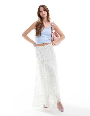Vero Moda Smilla tiered midi skirt in blue ditsy floral