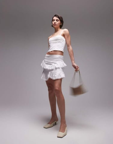 SNDYS ruffle broderie trim mini skirt in white