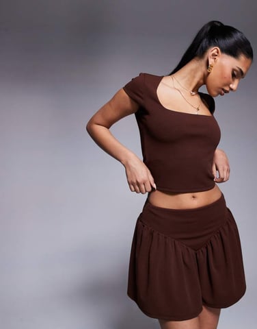 ASOS DESIGN co-ord v dropped waist mini skirt in chocolate