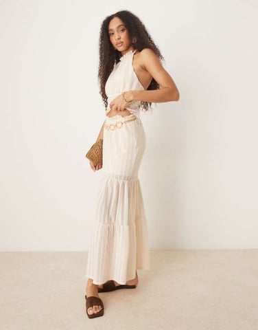 ASOS DESIGN co-ord textured tiered maxi skirt in cream