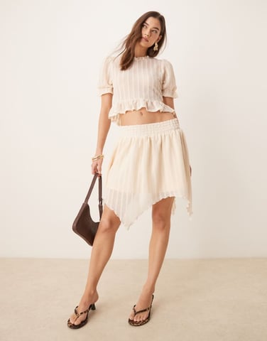 ASOS DESIGN co-ord textured ruffle hanky hem mini skirt in cream