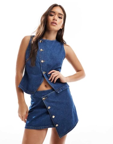 ASOS DESIGN asymmetric wrap front denim micro skirt with gold buttons co-ord in mid blue