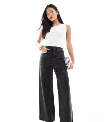 ONLY Petite Hope wide leg jeans with rhinestones in washed black