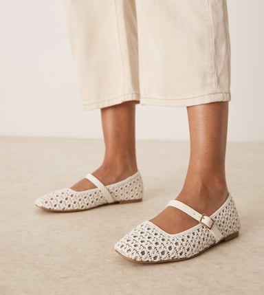 ASOS DESIGN Wide Fit Lottie mary jane ballets in off-white weave