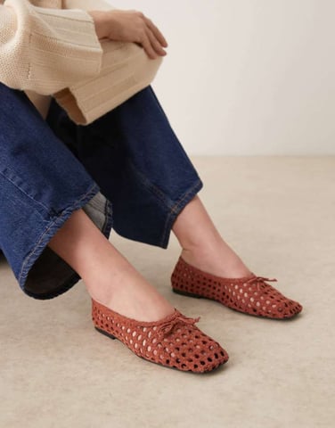 ASOS DESIGN Lysandra suede high-vamp ballets in rust weave