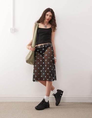 COLLUSION polka dot sheer mesh skirt in black