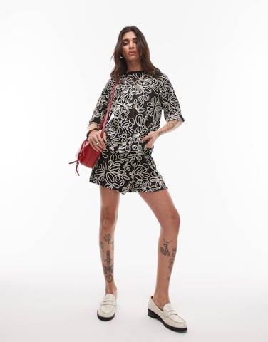 Topshop boxy floral applique shorts co-ord in mono print
