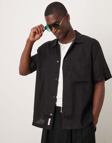 ARKET linen short sleeve shirt with front pocket in black