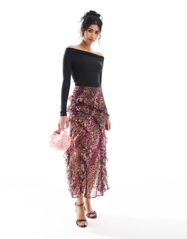 Miss Selfridge ruffle tiered midi skirt in leopard print