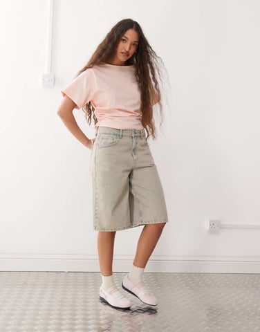 Reclaimed Vintage slash neck cinched waist t-shirt with ruching detail in baby pink