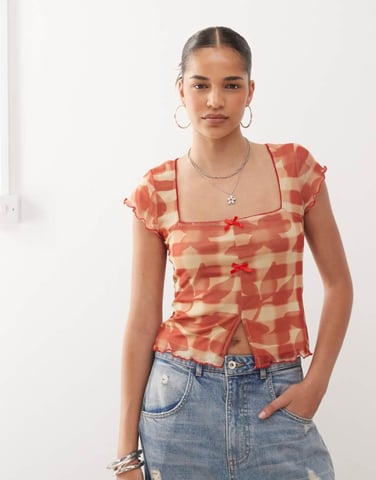 Reclaimed Vintage square neck mesh top in red check floral print